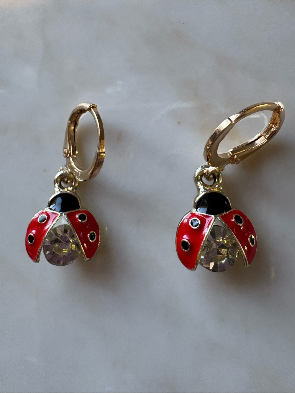 Gold-Tone Red Ladybug Crystal Drop Earrings